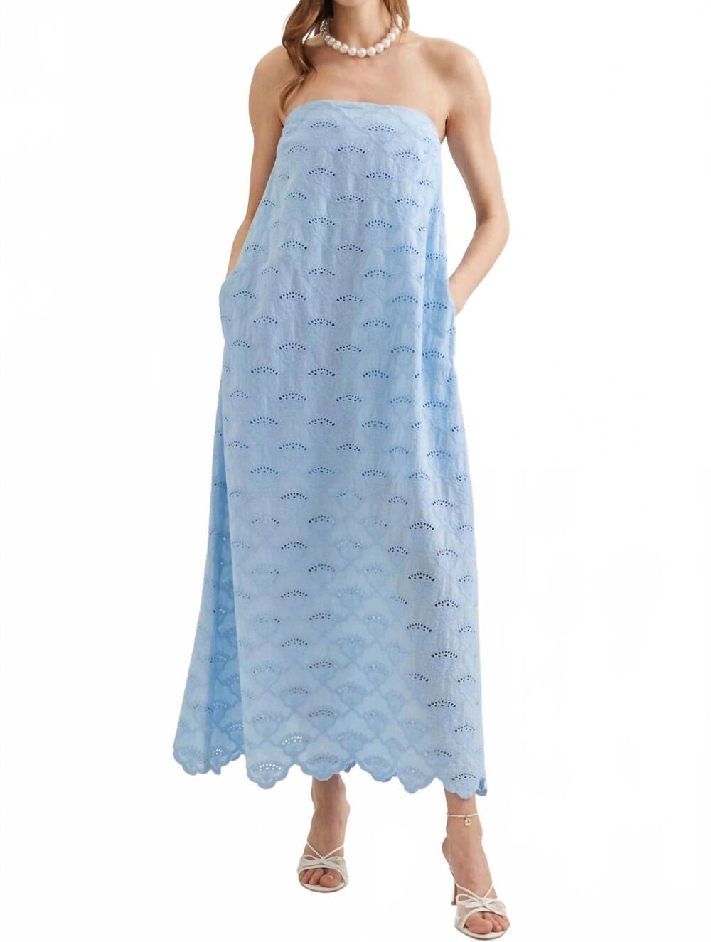 NEW ENTRO strapless eyelet midi dress in blue